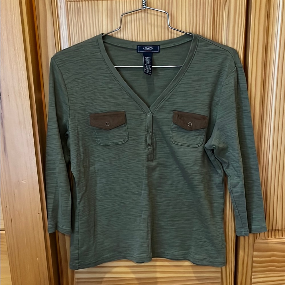 Chaps Olive Green V-Neck Top